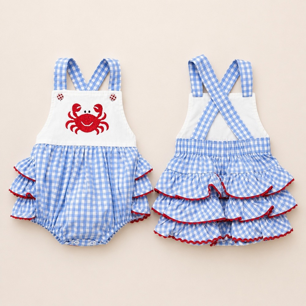 Jelly Beans Baby Girl Blue Gingham Crab Embroidered Ruffle Romper Bubble 3-6M